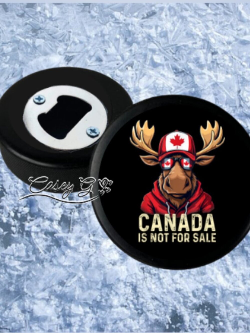 NEW**Hockey Puck Bottle Opener**Canada Is Not For Sale Patriotic Moose